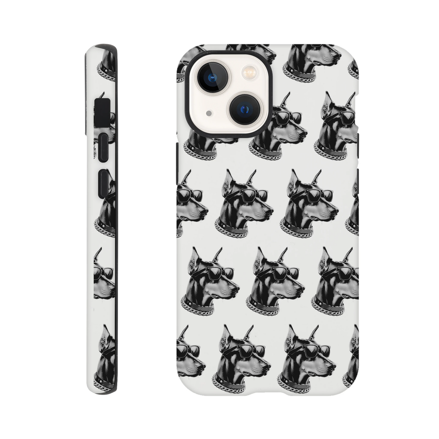 Gangster dog print tough protective case for iPhone 16/15/14/13; dual-layer wraparound glossy design.