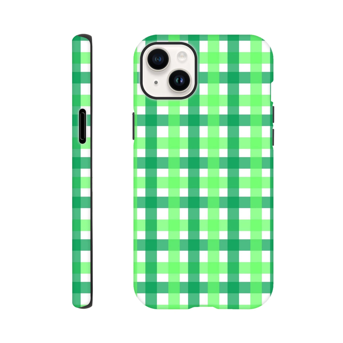 Retro green gingham iPhone case with bold plaid pattern, offering tough protection and vintage street style for daily use.