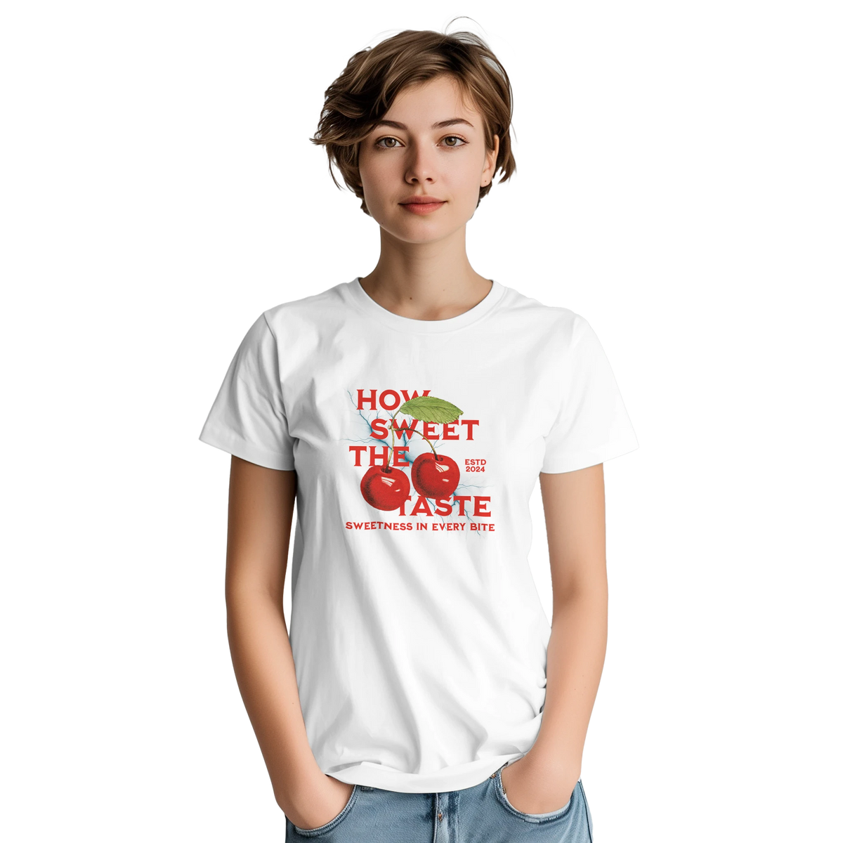Woman modeling a white retro sweet cherry graphic t-shirt featuring bold red fruit print and "How Sweet The Taste" text.