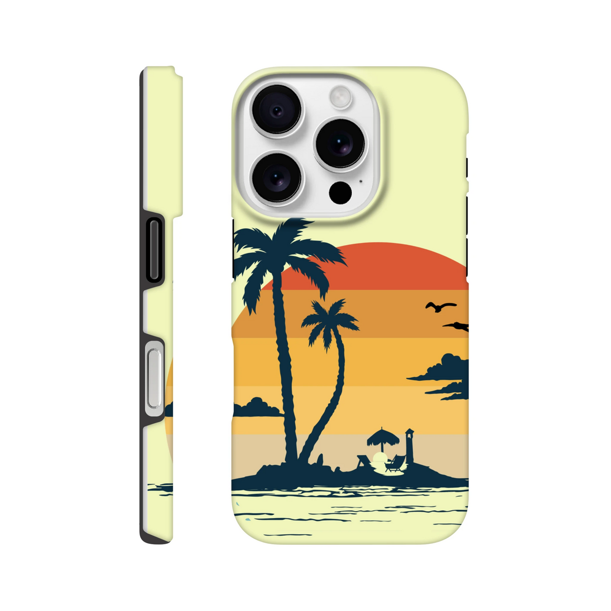 Retro Tropical Sunset Palm Tree Tough iPhone Case for iPhone 13-16 with wraparound palm beach scene