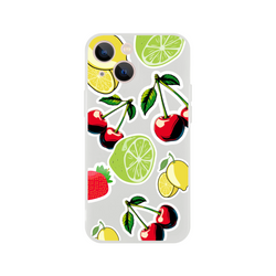 Transparent iPhone case featuring a fresh cherry, lime, lemon, and strawberry sticker effect design.