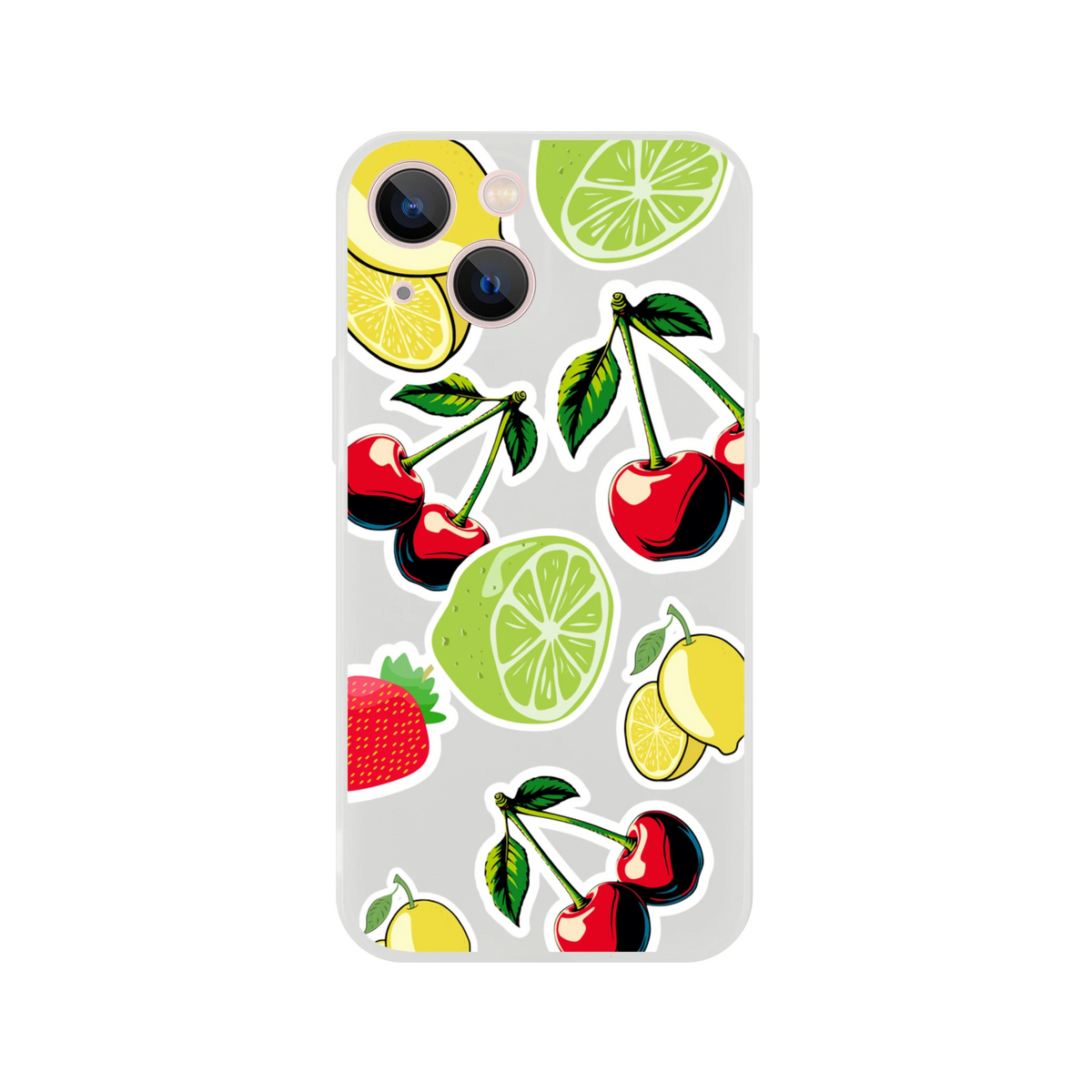 Transparent iPhone case featuring a fresh cherry, lime, lemon, and strawberry sticker effect design.