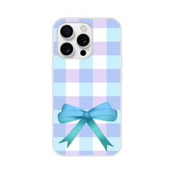Blue gingham iPhone case with a bow for iPhone 13–16, cute coquette aesthetic.