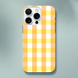 Retro yellow and white gingham checkered tough iPhone case providing secure protection with a bold grid pattern.