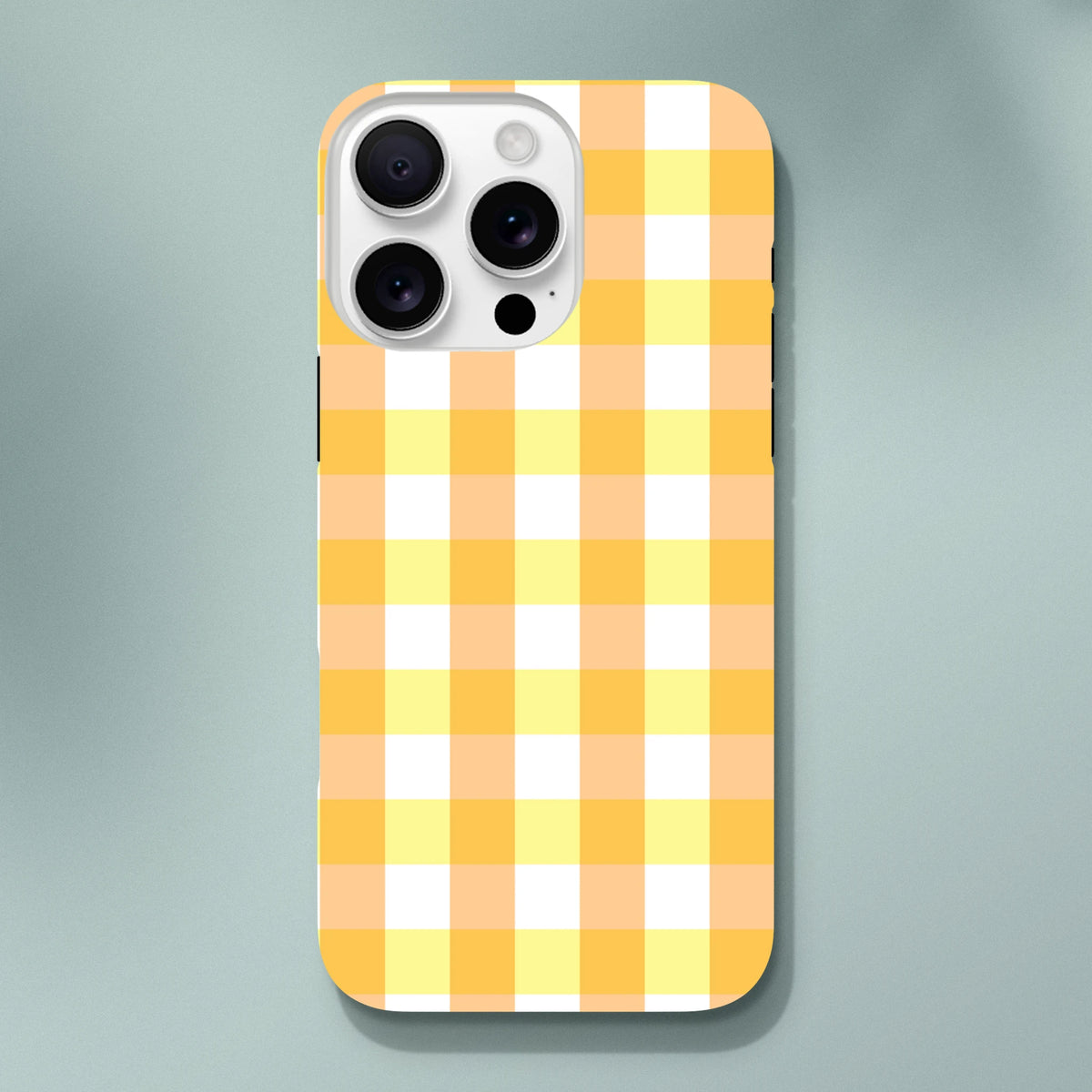 Retro yellow and white gingham checkered tough iPhone case providing secure protection with a bold grid pattern.