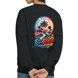 Black Full Send petrolhead sweatshirt featuring a colorful retro graphic of palm trees, a sunset, and tire tracks on the back.