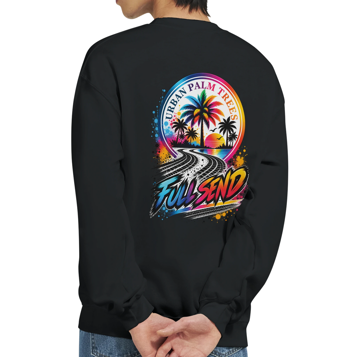 Black Full Send petrolhead sweatshirt featuring a colorful retro graphic of palm trees, a sunset, and tire tracks on the back.