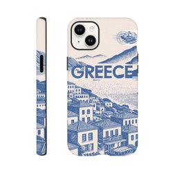 Vintage Greece tough iPhone case featuring blue Mediterranean village illustration, mountains, and airmail stamp design.