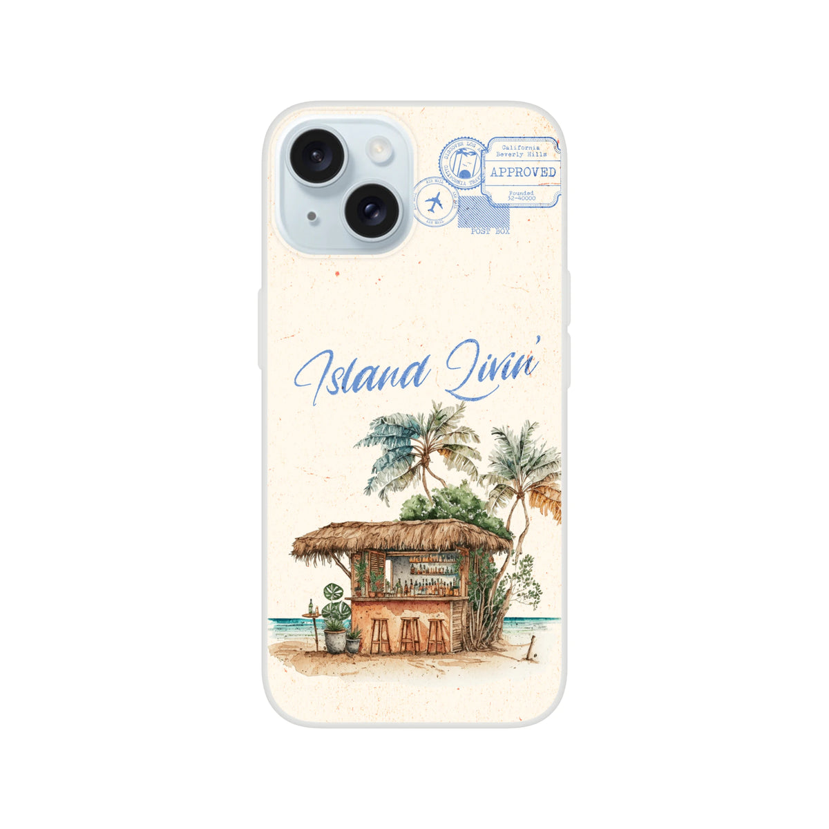 Vintage postcard-style iPhone case with Island Holiday design, featuring palm trees and a thatched hut.