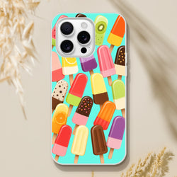 Retro summer popsicle iPhone case featuring colorful ice lolly pattern on turquoise background with white bumper.