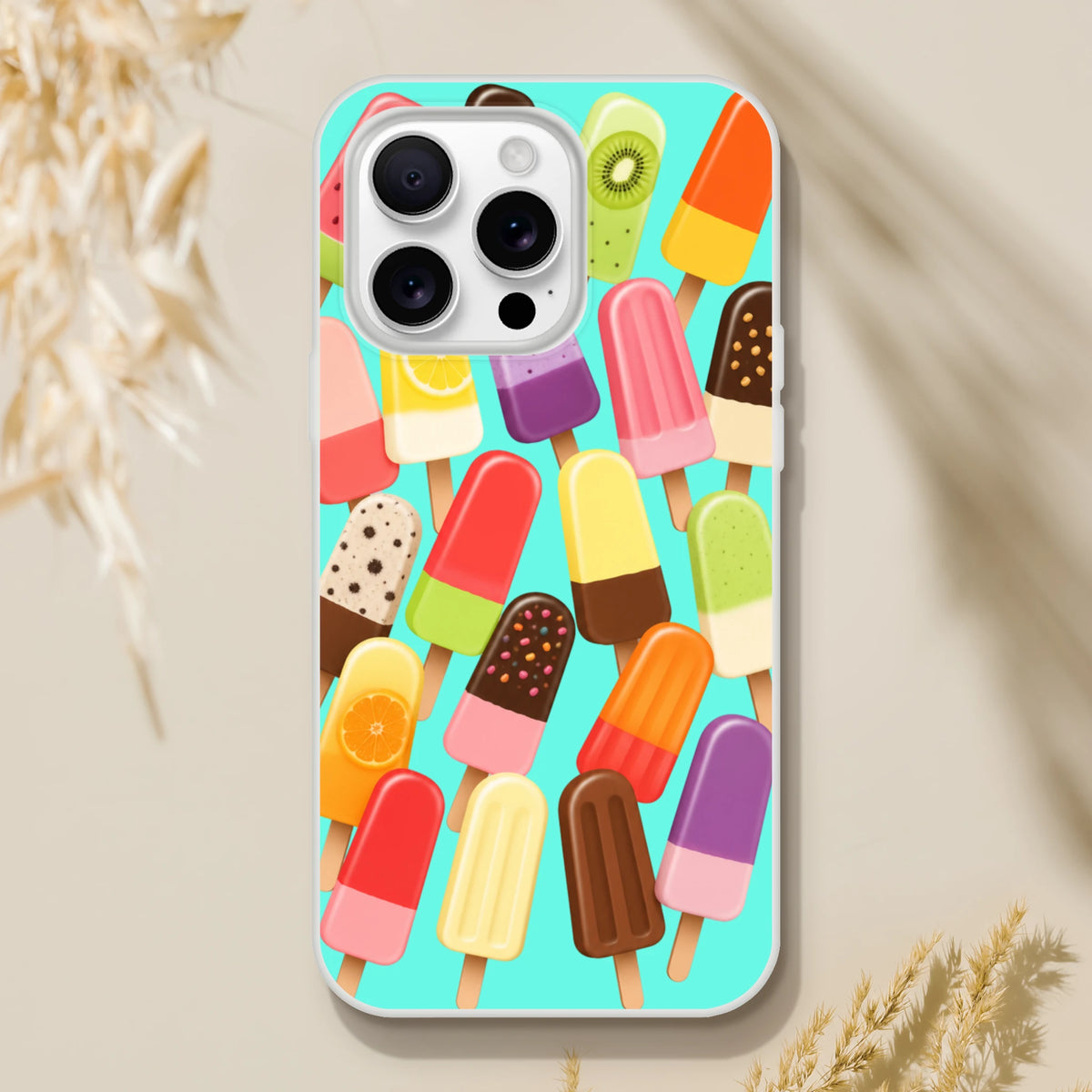Retro summer popsicle iPhone case featuring colorful ice lolly pattern on turquoise background with white bumper.