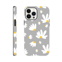 Grey iPhone case featuring white daisy floral pattern with yellow centers for 13-16 series phones