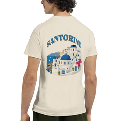 Back view of a person wearing a Santorini Greece graphic tee with blue-domed Cycladic buildings.