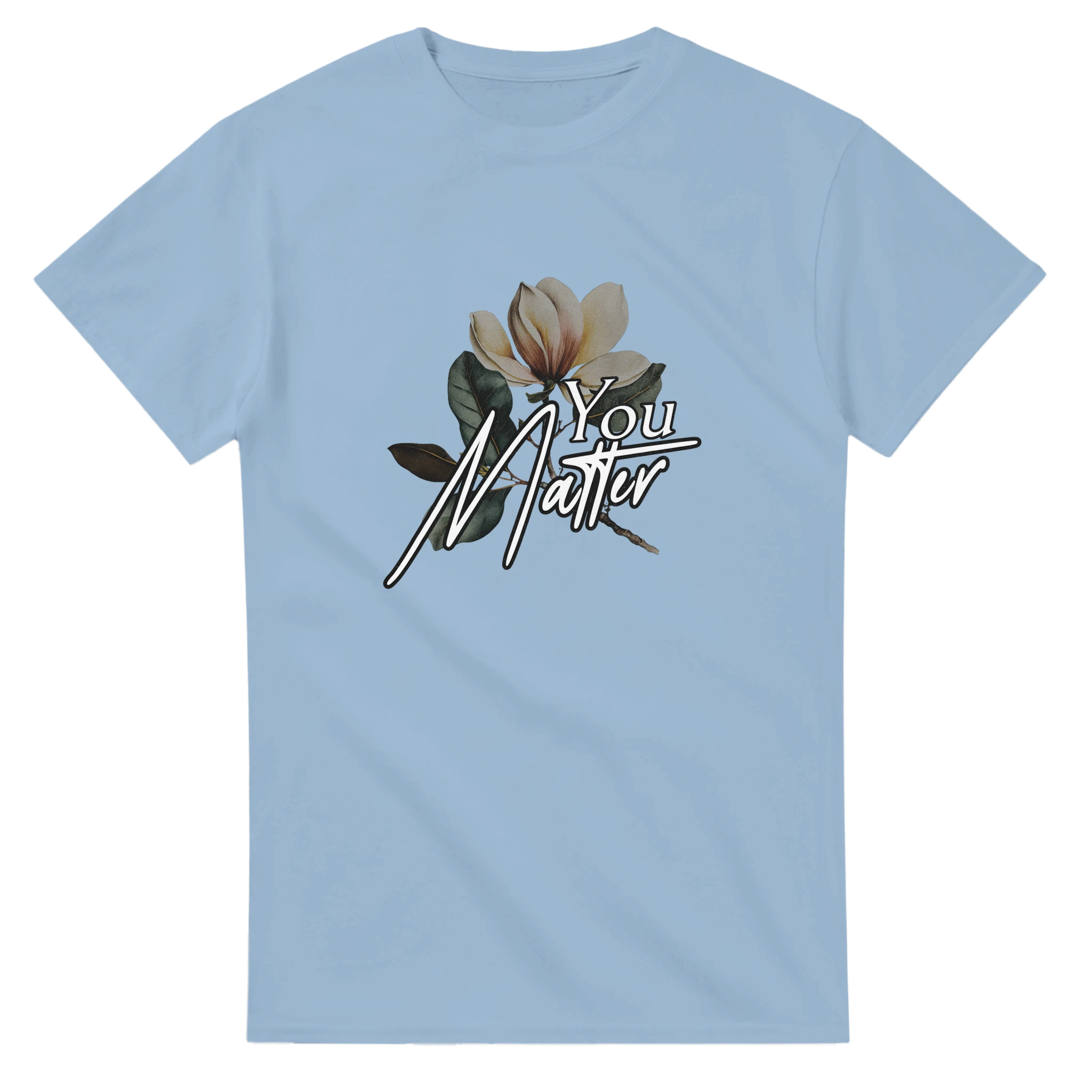 You Matter slogan on a light blue men's graphic tee with floral design in soft cotton blend.