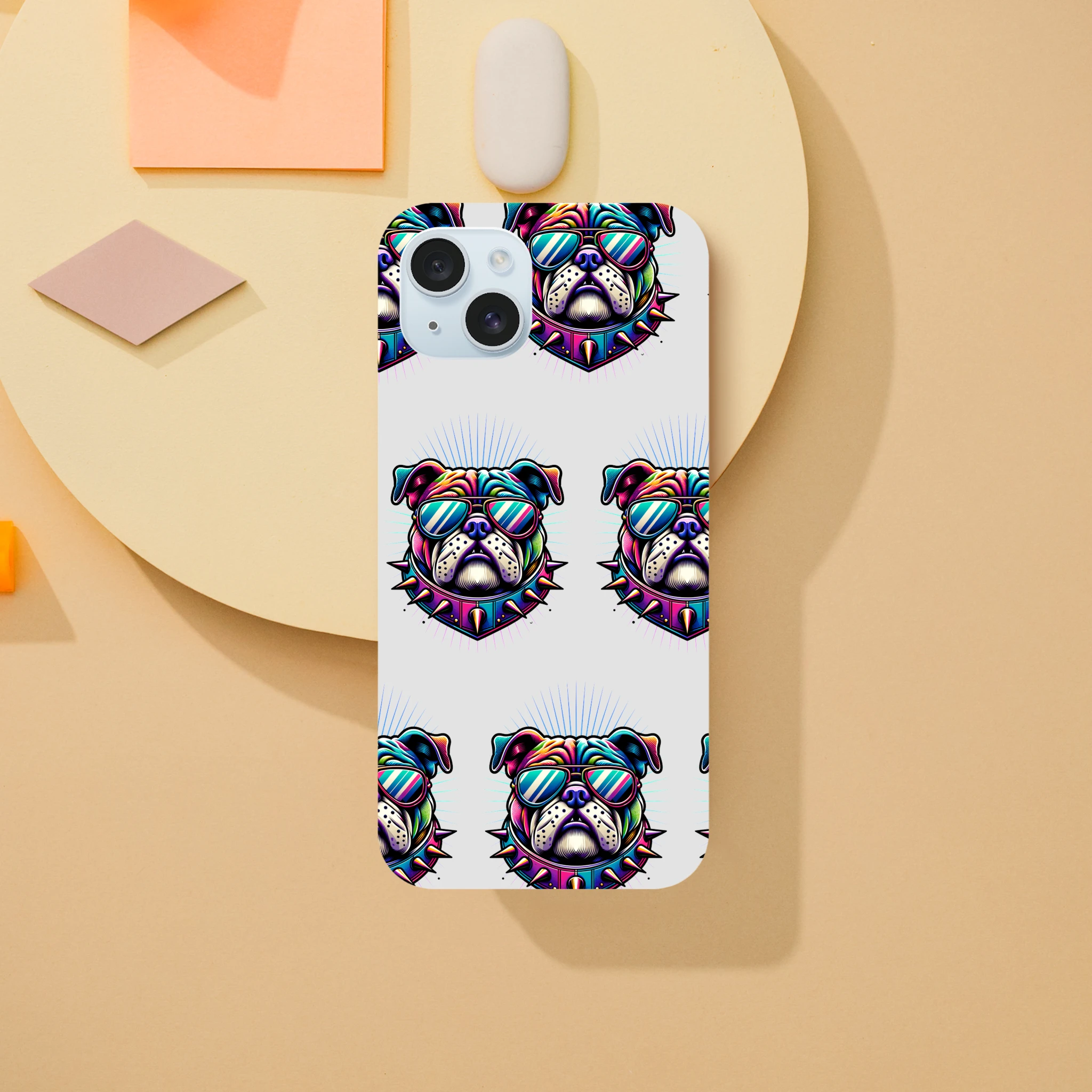 Colorful bulldog heads with sunglasses on a glossy, dual-layer wraparound phone case for iPhone 13-16