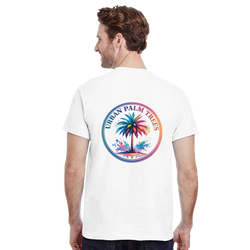 Vintage Palm Tree Graphic T-Shirt for Men with colorful circular palm design on back.