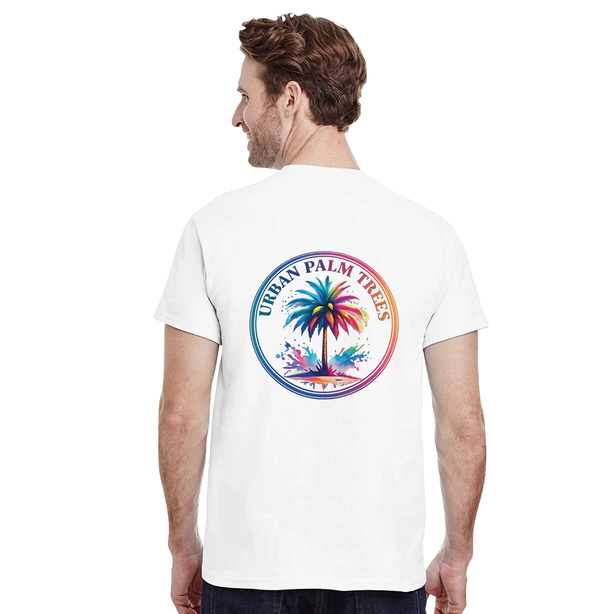 Vintage Palm Tree Graphic T-Shirt for Men with colorful circular palm design on back.