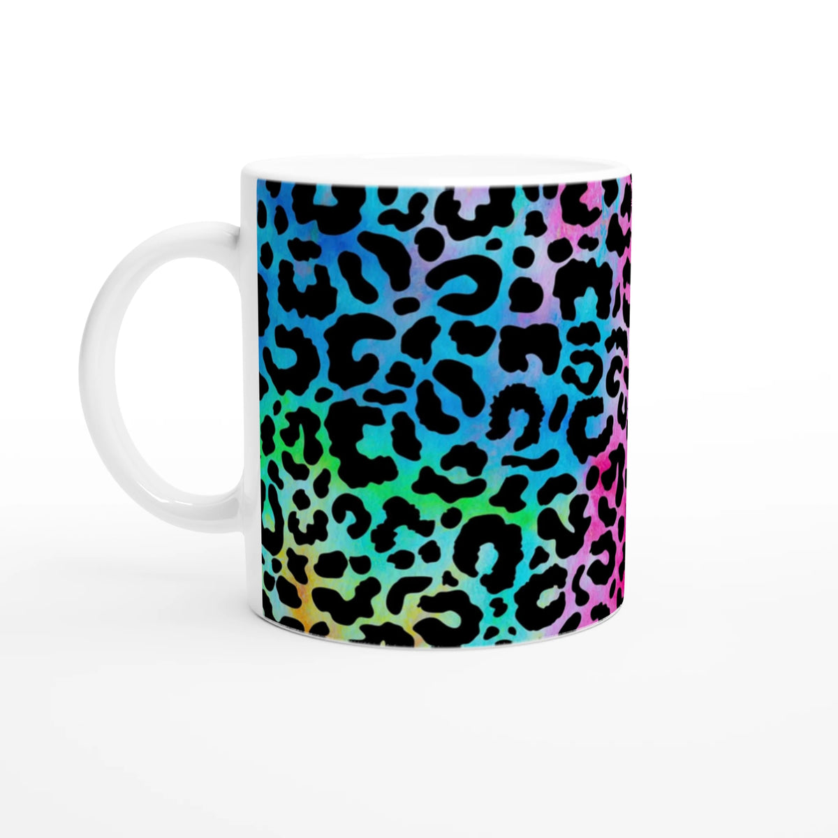 Leopard-print mug with rainbow gradient design, perfect for coffee or tea.