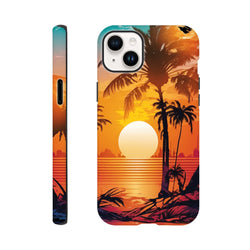 Retro tropical sunset phone case featuring palm tree silhouettes against a vibrant orange beach horizon, designed for rugged protection.