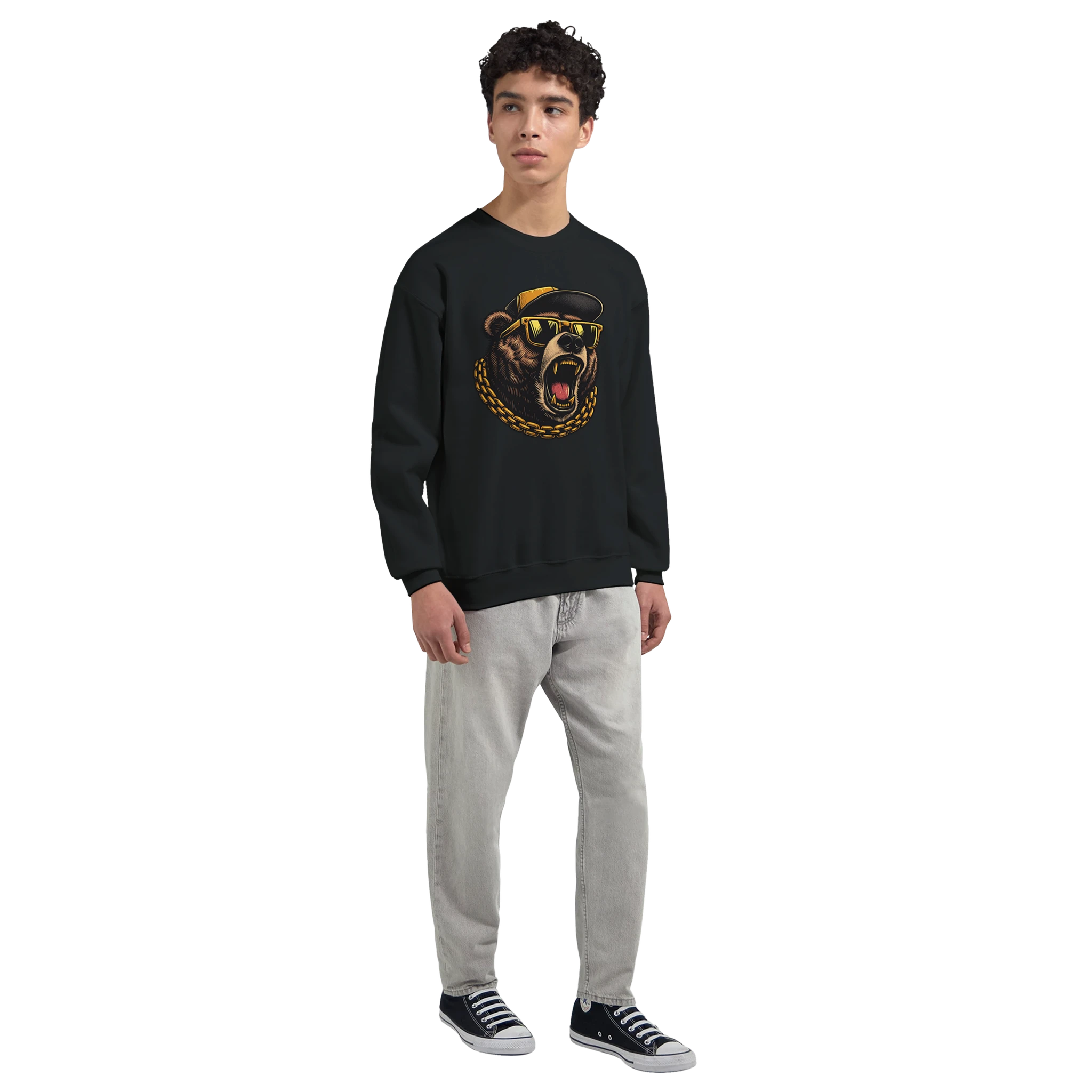 Black Grizzly Bear graphic sweatshirt with gold chain and sunglasses worn by a model.