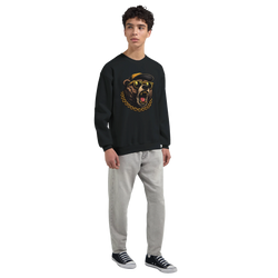 Black Grizzly Bear graphic sweatshirt with gold chain and sunglasses worn by a model.