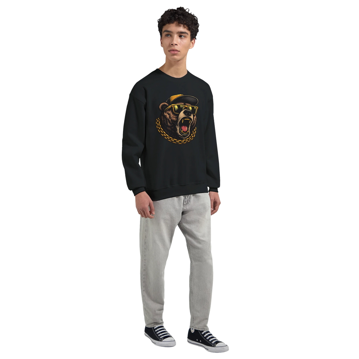 Black Grizzly Bear graphic sweatshirt with gold chain and sunglasses worn by a model.