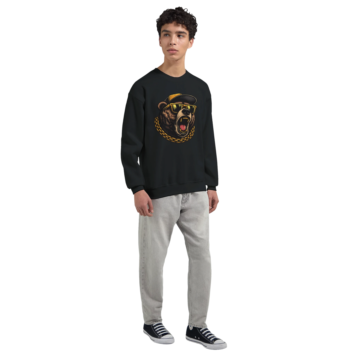 Person wearing a black men's graphic sweatshirt with a graphic design on a white background