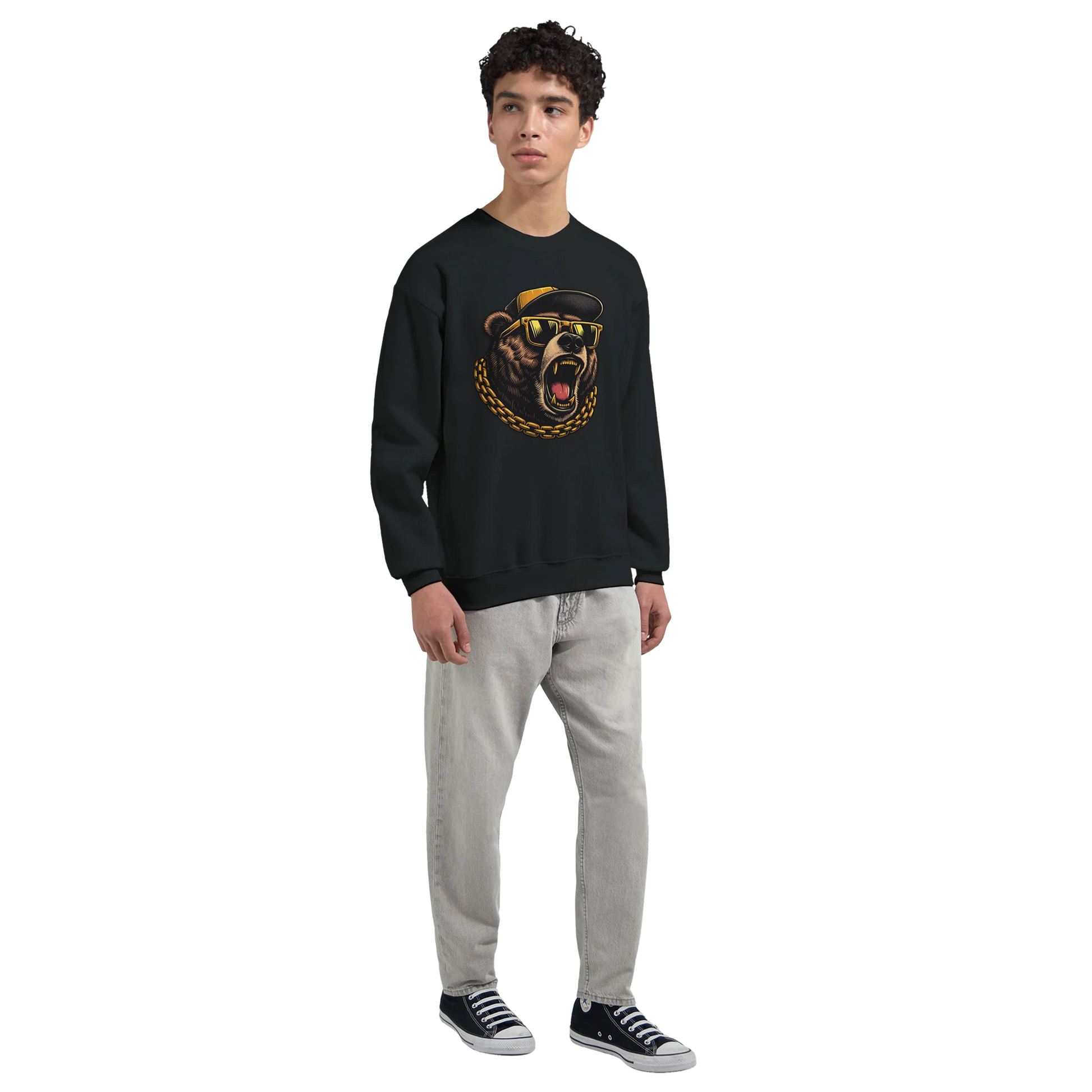 Person wearing a black men's graphic sweatshirt with a graphic design on a white background
