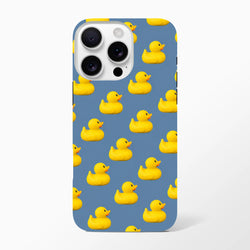 Blue iPhone case featuring a playful repeating pattern of cute yellow rubber ducks for a kawaii streetwear look.