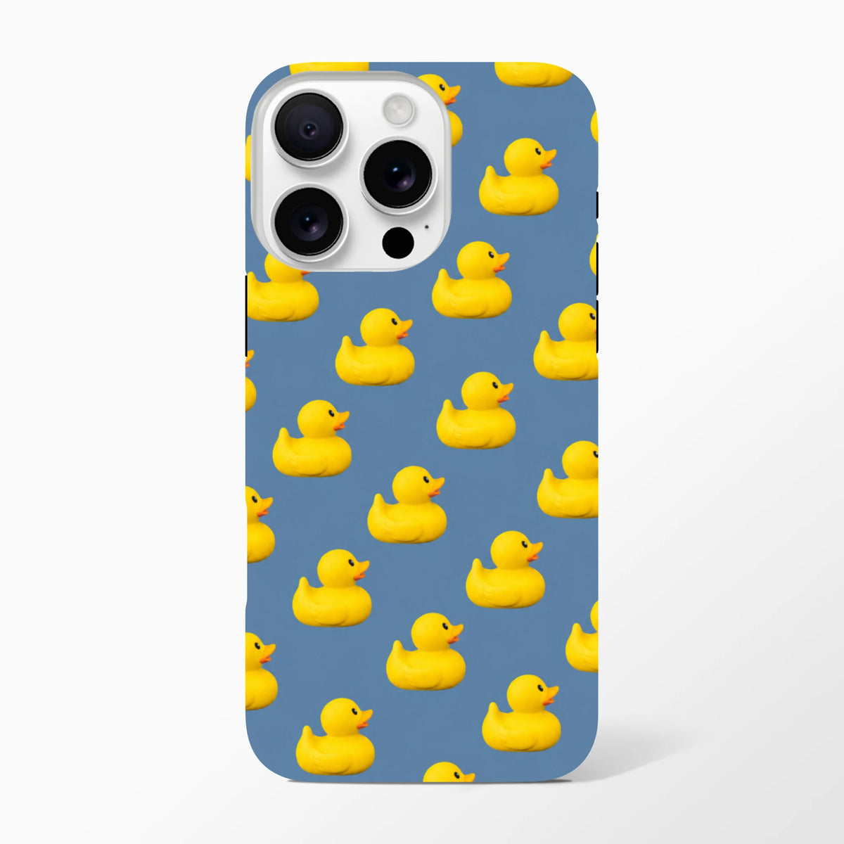 Blue iPhone case featuring a playful repeating pattern of cute yellow rubber ducks for a kawaii streetwear look.