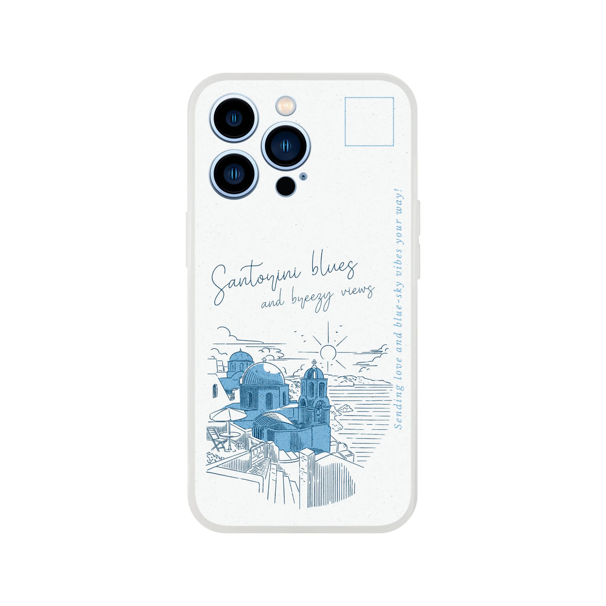 Vintage postcard Santorini iPhone case for iPhone 13-16 with blue line-art and matte finish.