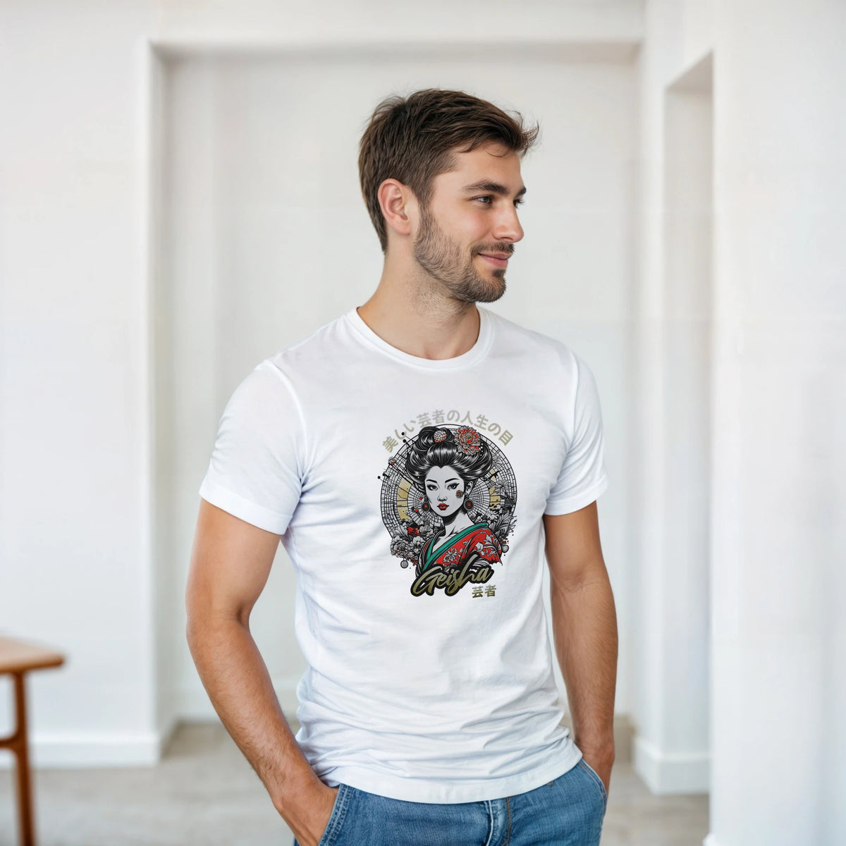 Male model wearing a white Geisha Girl Japanese graphic T-shirt with a colorful geisha illustration.