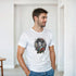Male model wearing a white Geisha Girl Japanese graphic T-shirt with a colorful geisha illustration.