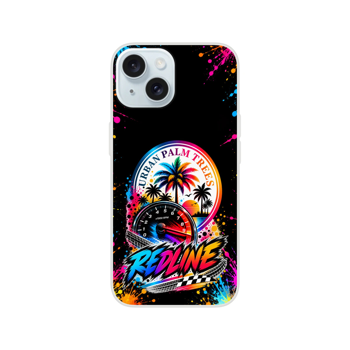 Redline car culture iPhone case featuringUrban Palm Trees graphic, tachometer, and colorful paint splatters on black.