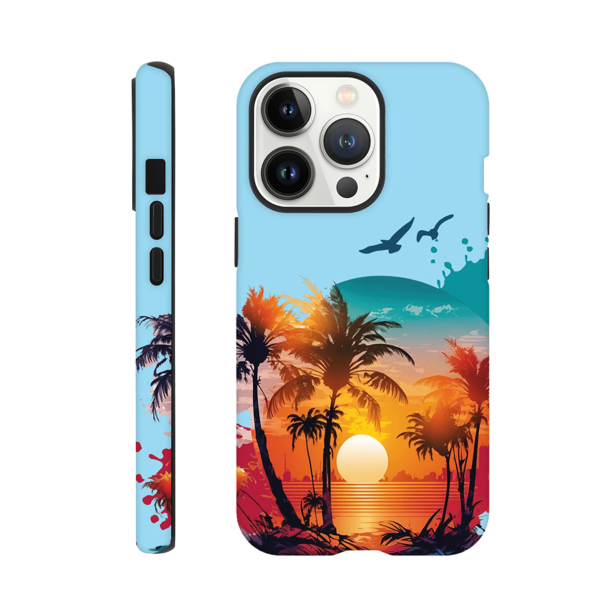 Tropical sunset palm tree iPhone case featuring vibrant orange sky, silhouetted trees, flying birds, and ocean waves for drop resistance.