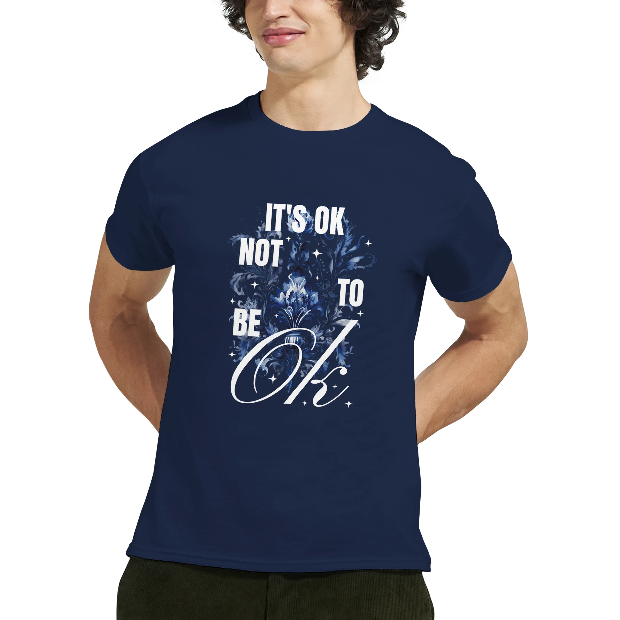 Navy cotton-blend T-shirt featuring It's OK Not To Be OK slogan with a blue floral graphic