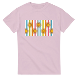 Pastel pink women's T-shirt featuring a rectangular print of sun faces on vertical rainbow stripes.