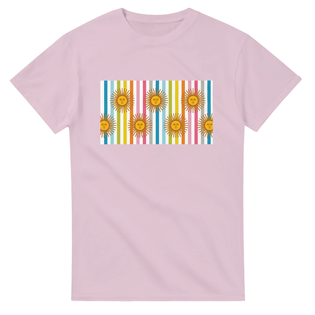 Pastel pink women's T-shirt featuring a rectangular print of sun faces on vertical rainbow stripes.