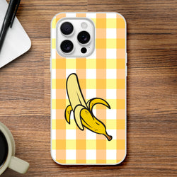 Yellow banana-gingham iPhone case (13–16) with banana graphic, bold streetwear-inspired phone cover.