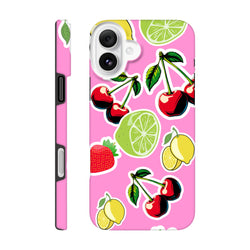 Pink tough iPhone case featuring a cherry, lime, and lemon sticker effect design. Shock-absorbing fruit cover for streetwear style.