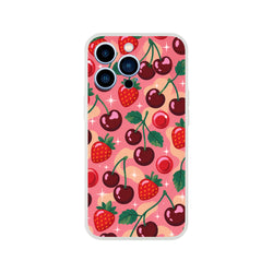 Retro pink iPhone case featuring a cherry and strawberry pattern with sparkles. Shock-absorbing TPU cover for iPhone 13-16.