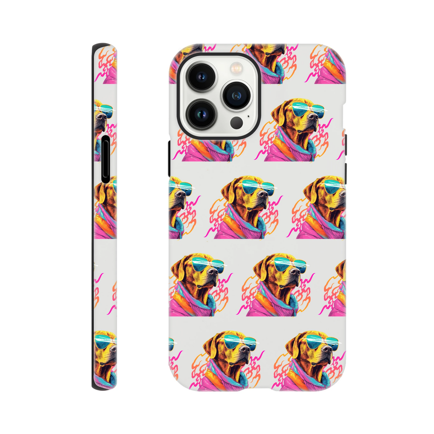 Colorful dog wearing sunglasses on a wraparound, glossy, tough iPhone case with print across back and sides.