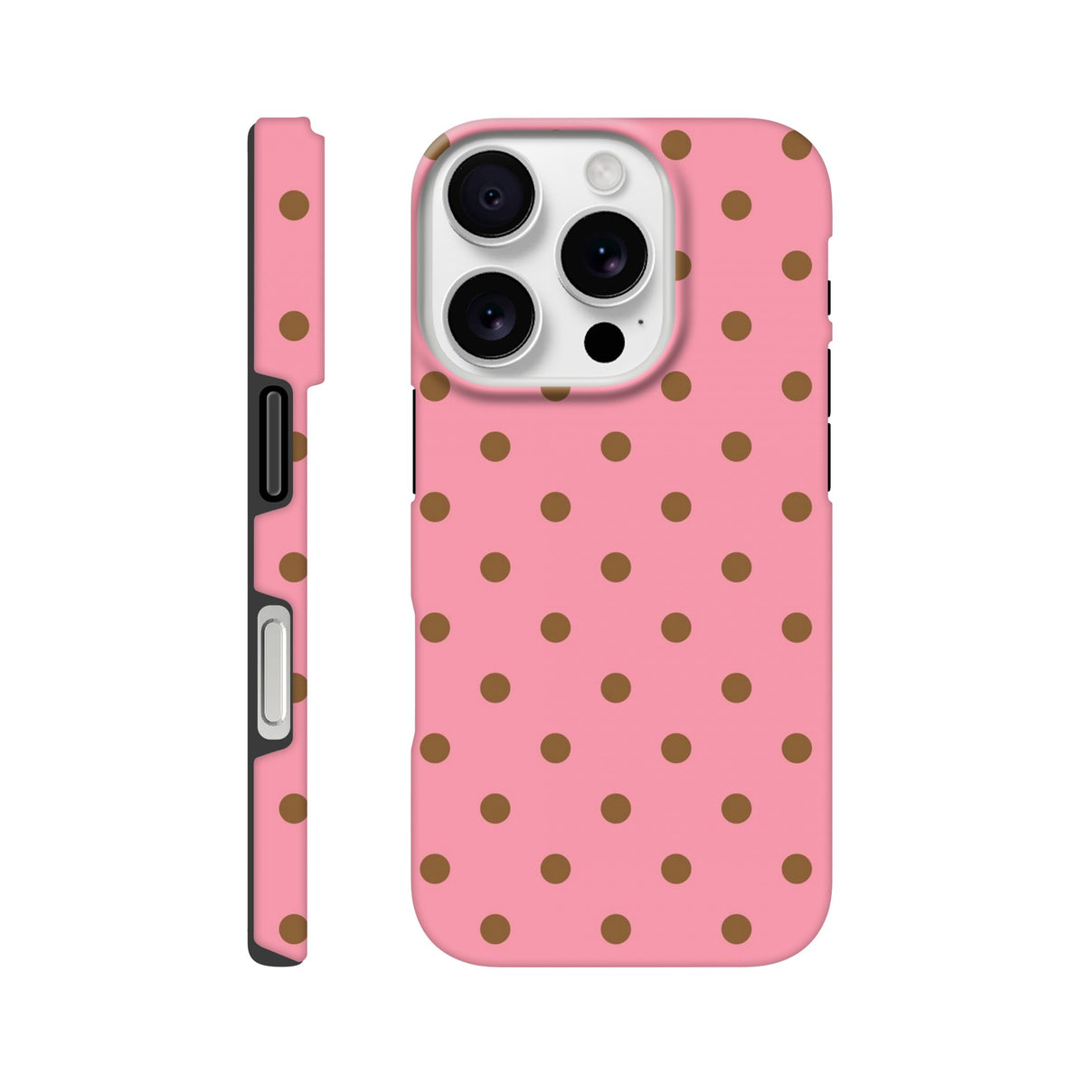 Pink and brown polka dot tough iPhone case featuring shock-absorbing TPU protection and a cute glossy finish for daily safety.