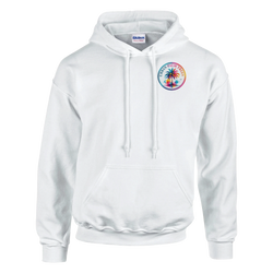White hoodie featuring a colorful circular "Urban Palm Trees" logo with a palm tree and rainbow gradient splash on the left chest.