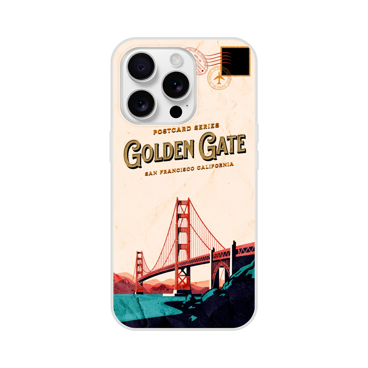 Vintage Postcard iPhone Case (13-16) USA Holiday Phone Cover featuring Golden Gate Bridge design.