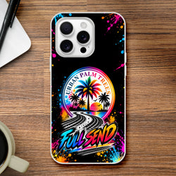 Full Send car culture iPhone case featuring colorful Urban Palm Trees design, tire tracks, paint splatters, and bold gradient lettering on a black background.