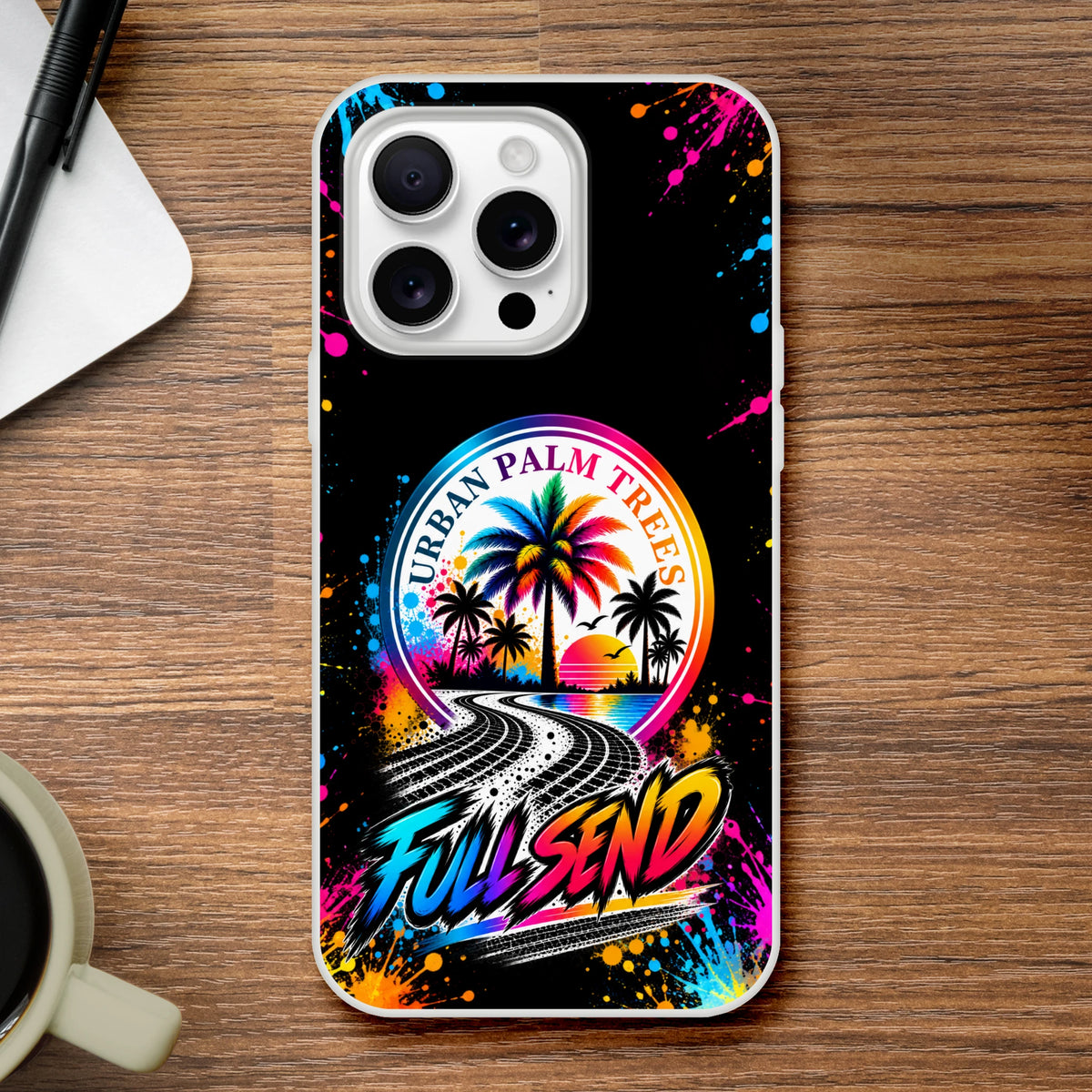 Full Send car culture iPhone case featuring colorful Urban Palm Trees design, tire tracks, paint splatters, and bold gradient lettering on a black background.
