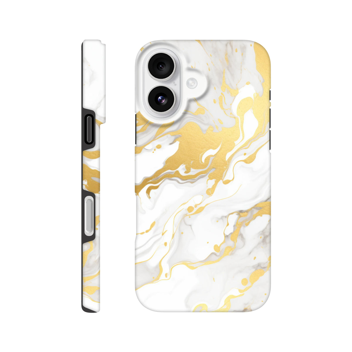 Luxury white and gold marble iPhone case featuring an abstract flowing pattern and seamless wraparound design for a refined finish.