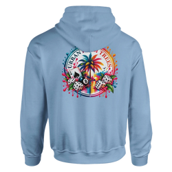 Light blue hoodie featuring a retro tropical back print with a palm tree, 8-ball, dice, and ace of spades surrounded by colorful paint splatters.
