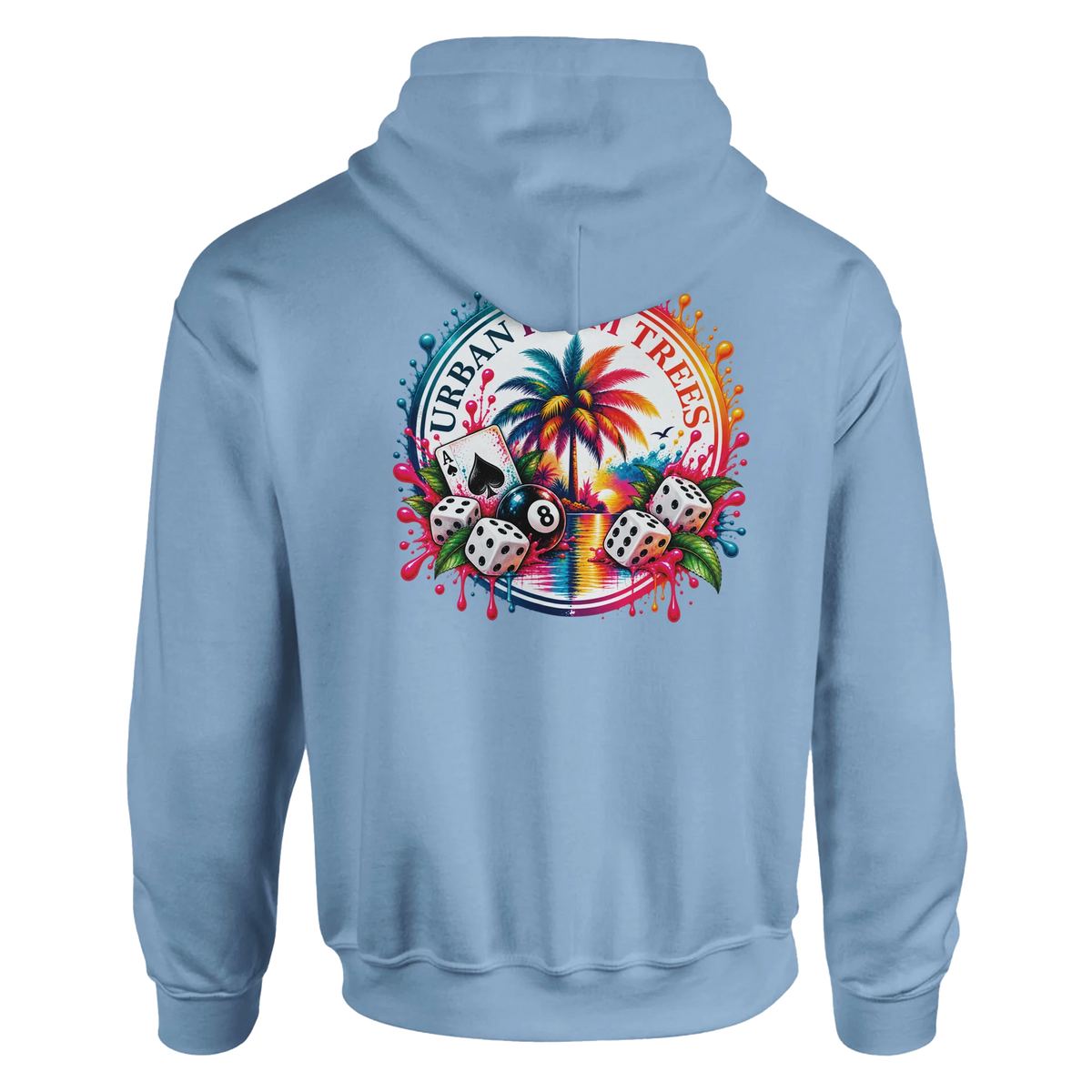 Light blue hoodie featuring a retro tropical back print with a palm tree, 8-ball, dice, and ace of spades surrounded by colorful paint splatters.